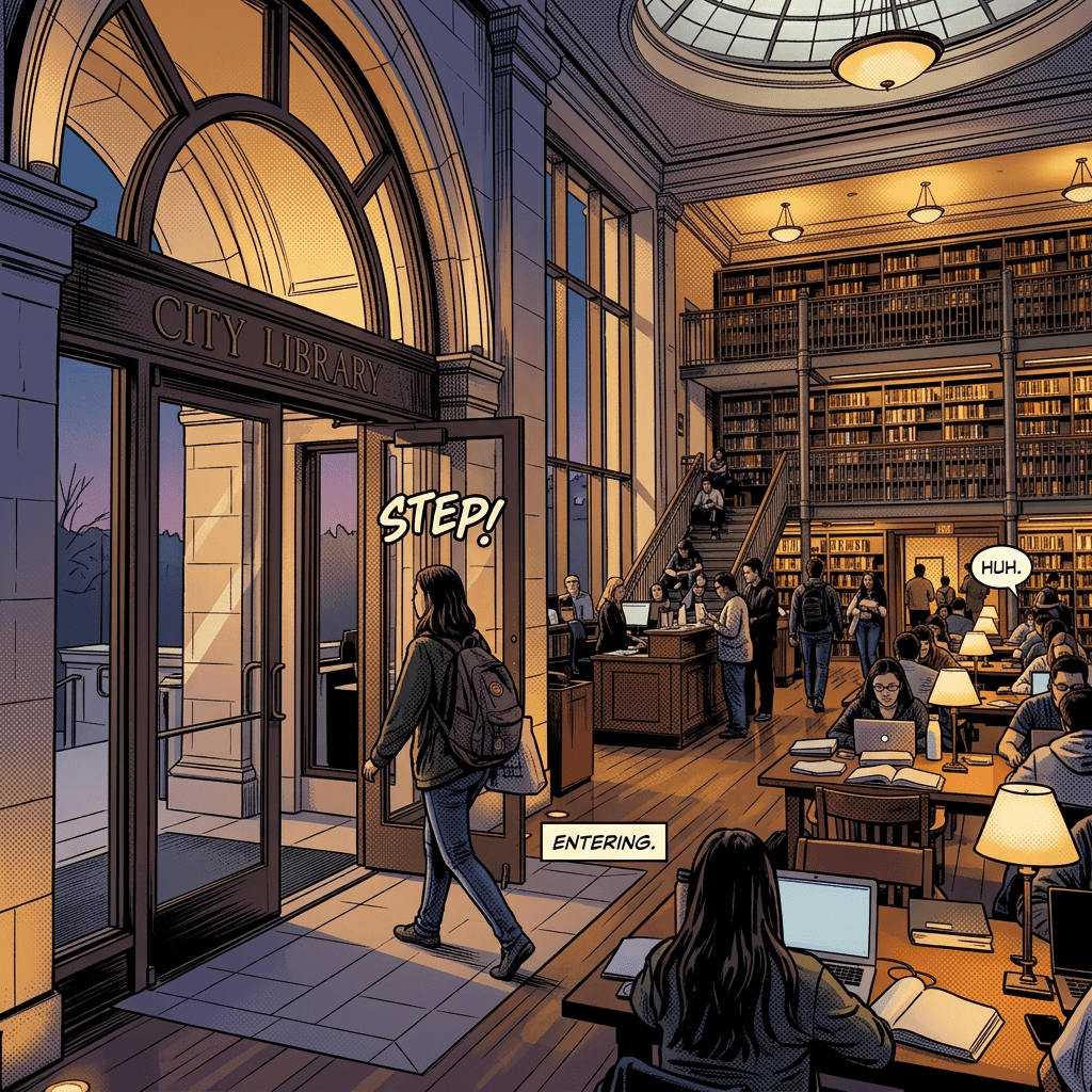 Interior of a city library with students reading and using laptops at tables under warm lamps