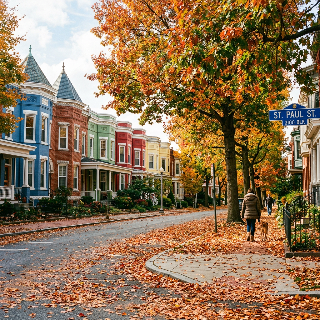 Street view with colorful rowhouses and autumn leaves on sidewalk