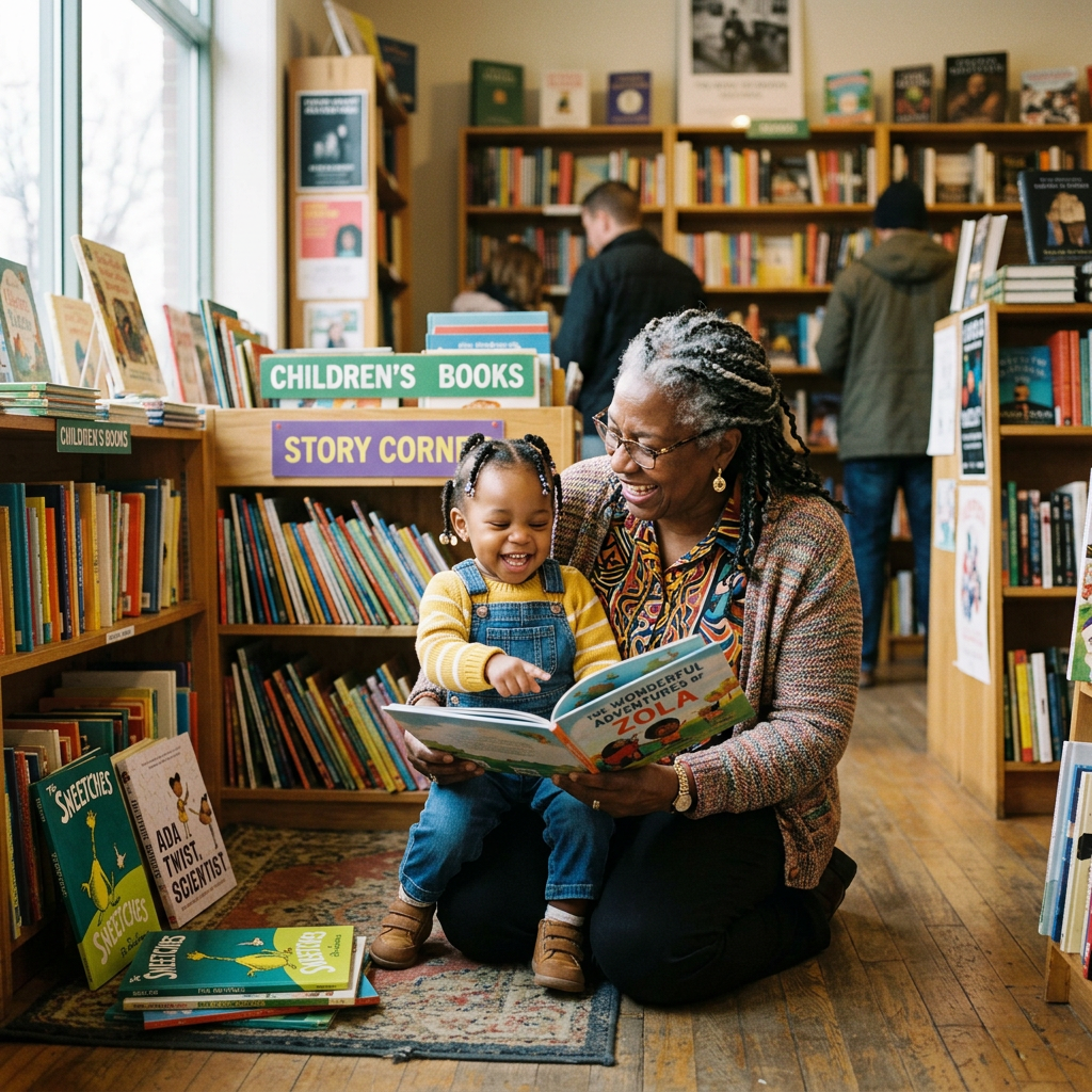 Grandmother and granddaughter reading 'The Wonderful Adventures of Zola' together in a children's book corner