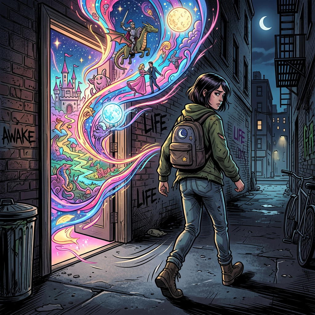 Young person leaving an alley beside fantasy doorway; graffiti reads “AWAKE” and “LIFE.”