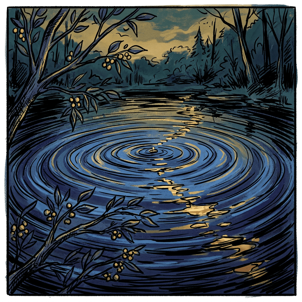 Illustrated woodland pond with ripples, golden reflections, and berry branches