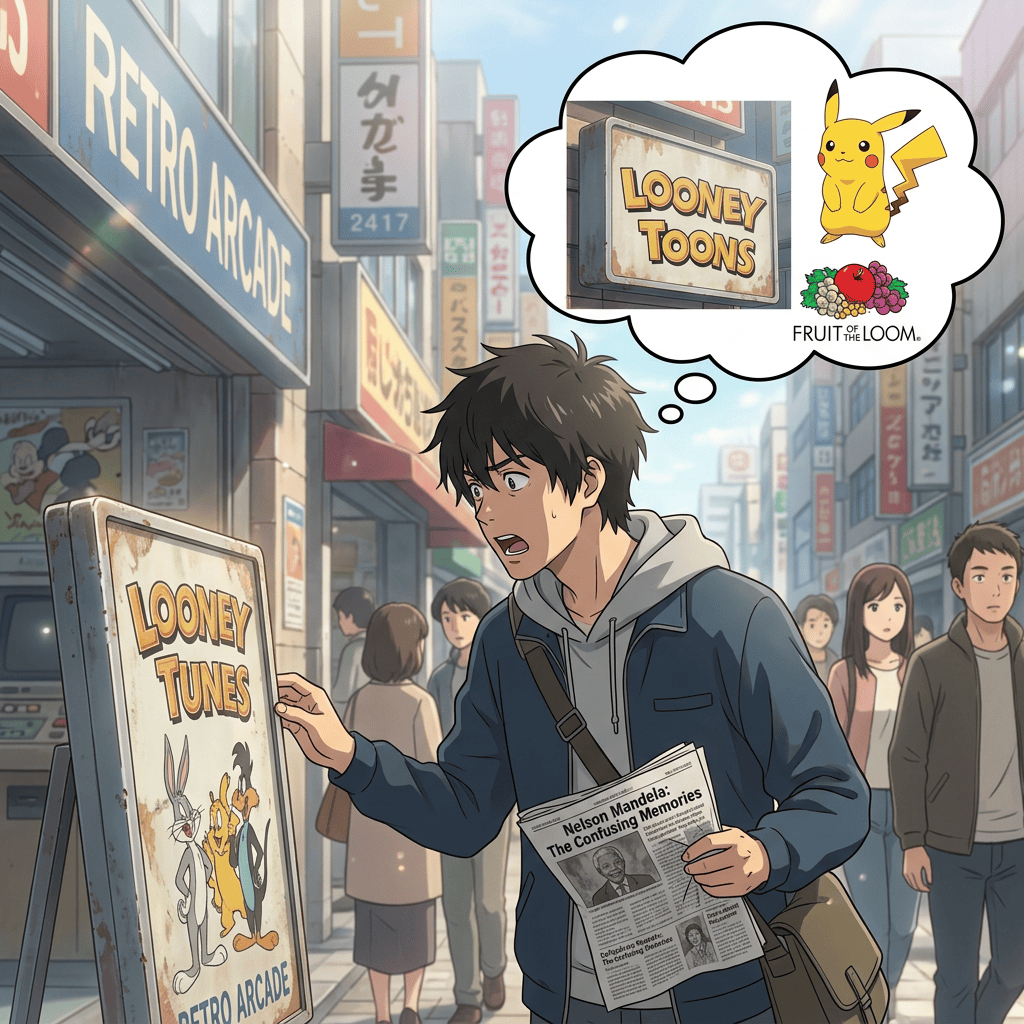Person holding newspaper beside Retro Arcade and Looney Toons signs