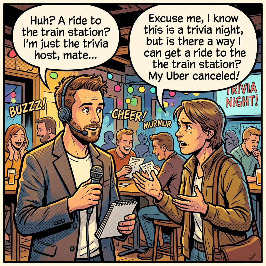Comic scene: “Huh? A ride to the train station? I’m just the trivia host, mate...” “Excuse me, I know this is a trivia night, but is there a way I can get a ride to the train station? My Uber canceled!” Signs read “TRIVIA NIGHT!” and papers read “ANSWER”; sound effects say “BUZZZ!”, “CHEER!”, and “MURMUR.”