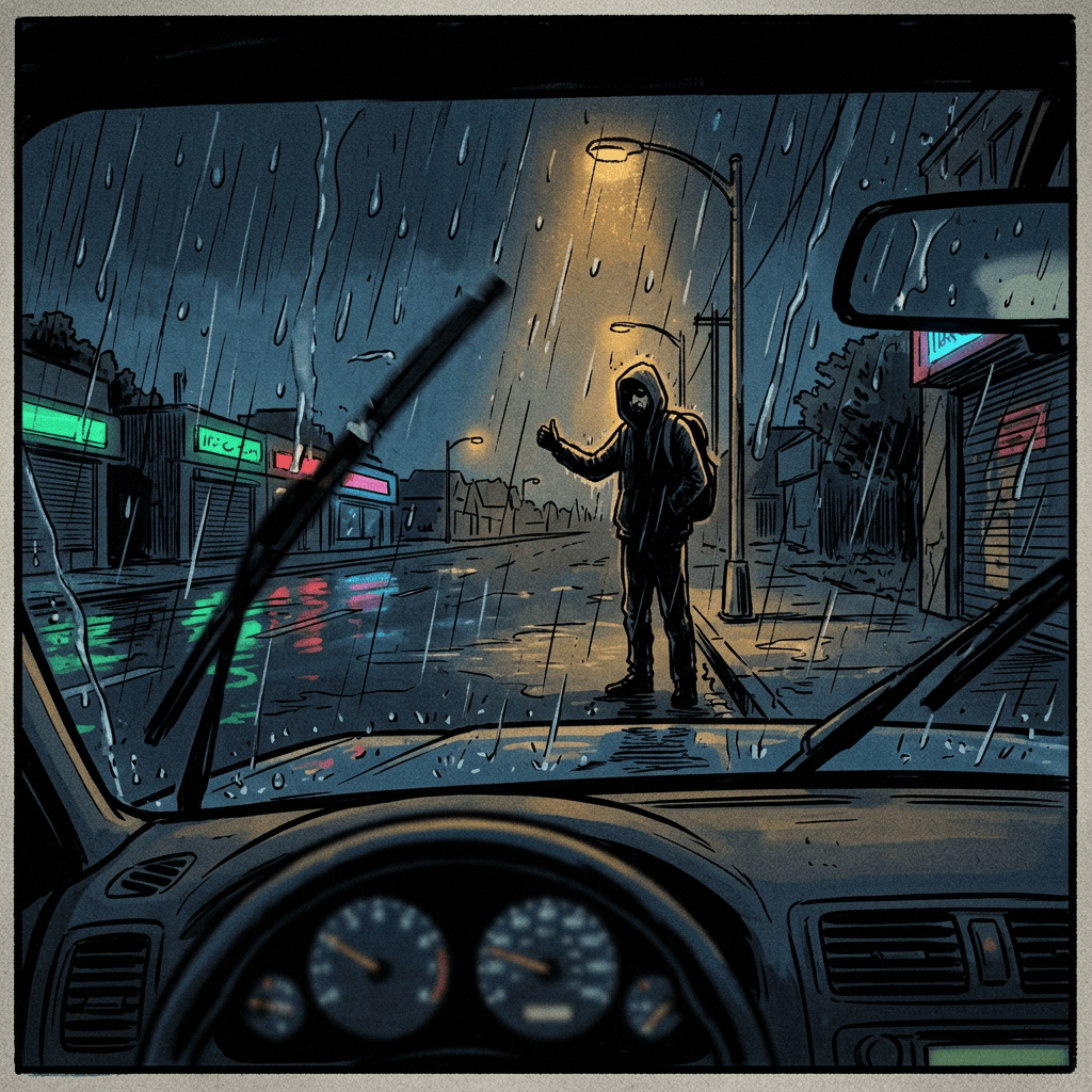 Hooded pedestrian standing in a rainy street viewed from inside a car