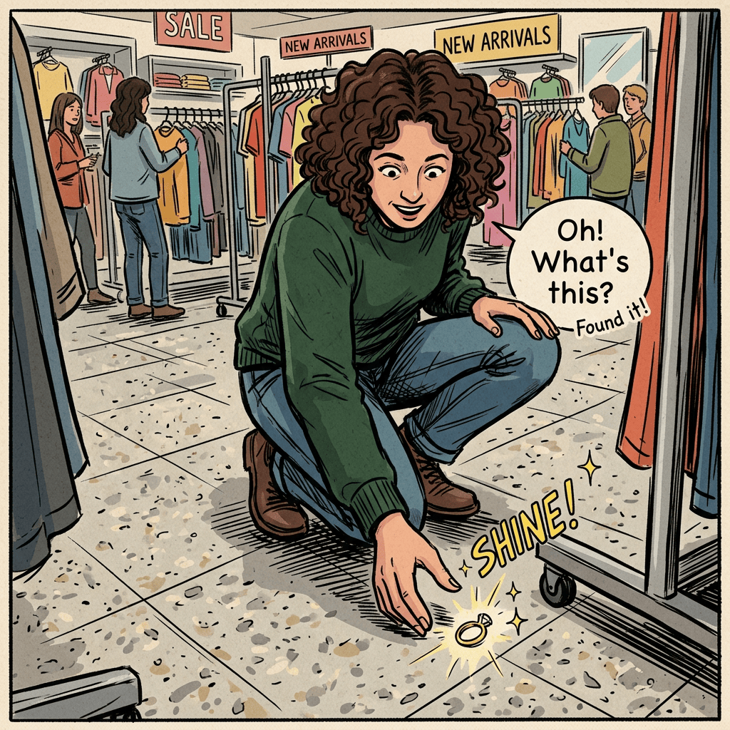 Shopper finding a sparkling ring on the floor beneath a clothing rack