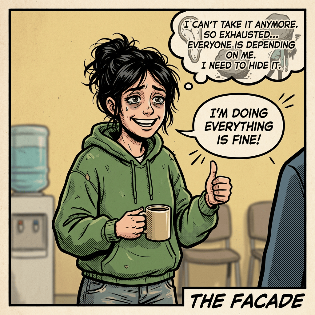 Comic panel: a woman in a green hoodie holds coffee and gives a thumbs-up, saying “I’M DOING EVERYTHING IS FINE!” Her thought bubble reads, “I CAN’T TAKE IT ANYMORE. SO EXHAUSTED... EVERYONE IS DEPENDING ON ME. I NEED TO HIDE IT.” Text below reads “THE FACADE.”