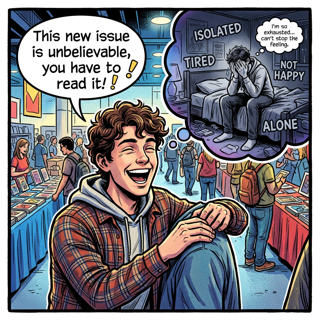 Comic text: “This new issue is unbelievable, you have to read it!” A smiling attendee imagines being isolated, tired, not happy, and alone, thinking, “I’m so exhausted... can’t stop the feeling.”