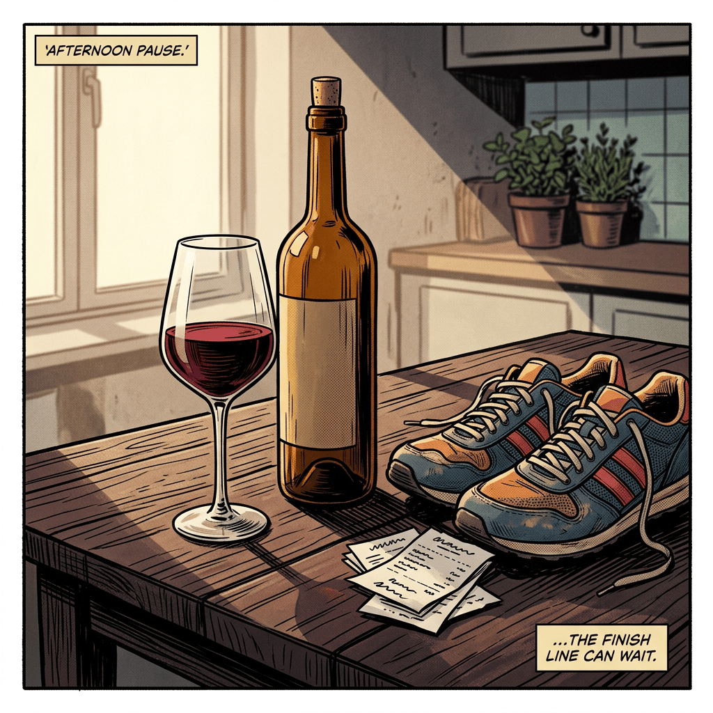 Comic-style scene with red wine, running shoes, notes, and text reading “AFTERNOON PAUSE.” and “…THE FINISH LINE CAN WAIT.”