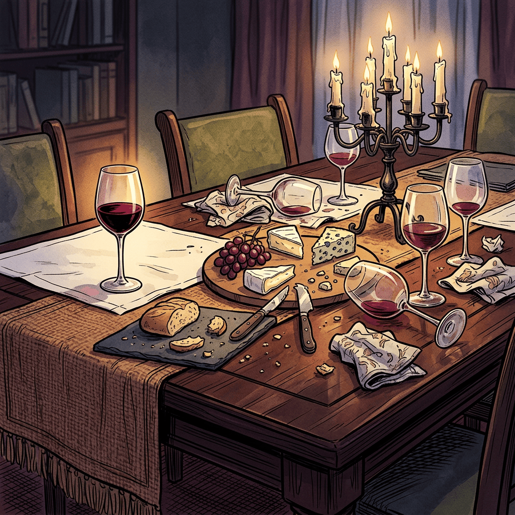 Candlelit table with wine, cheese, bread, and a candelabrum