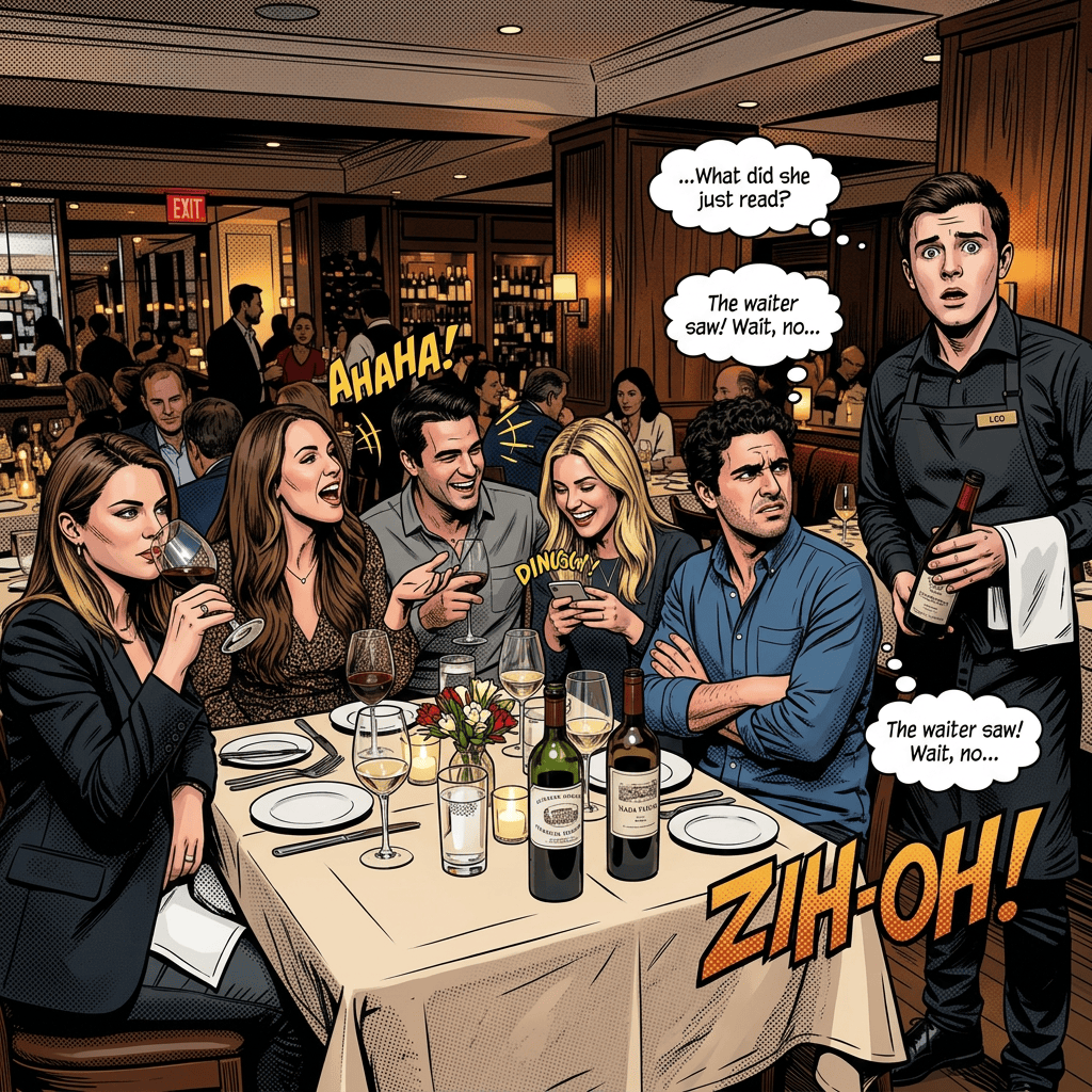 Friends dining together as a waiter serves wine in a restaurant