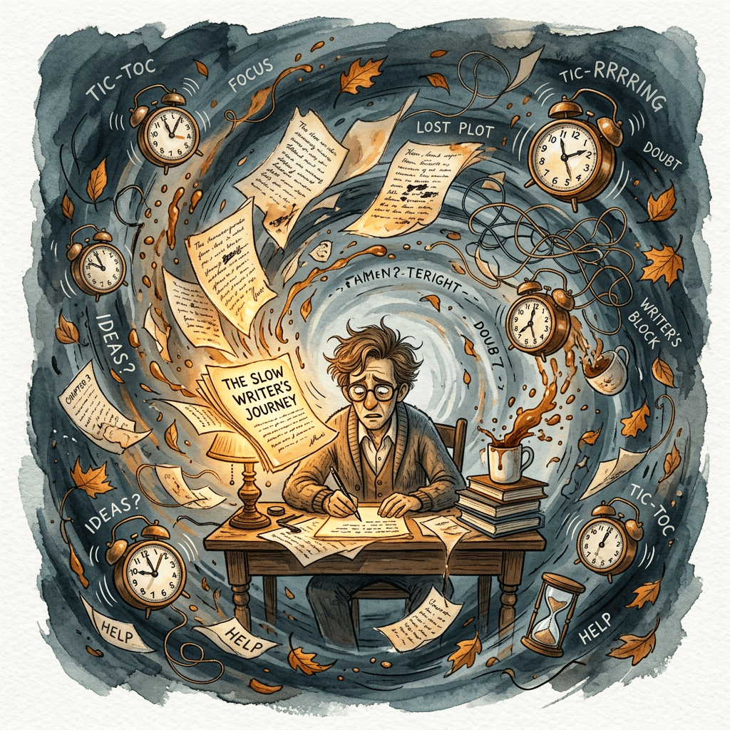 Illustration titled THE SLOW WRITER'S JOURNEY, showing a writer surrounded by clocks, papers, and words including FOCUS, LOST PLOT, DOUBT, IDEAS?, HELP, and WRITER'S BLOCK.