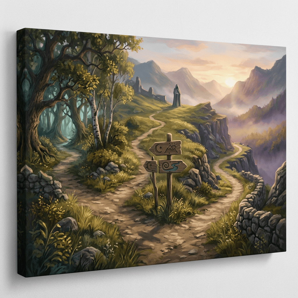 Fantasy landscape with a signpost at branching paths beneath mountains