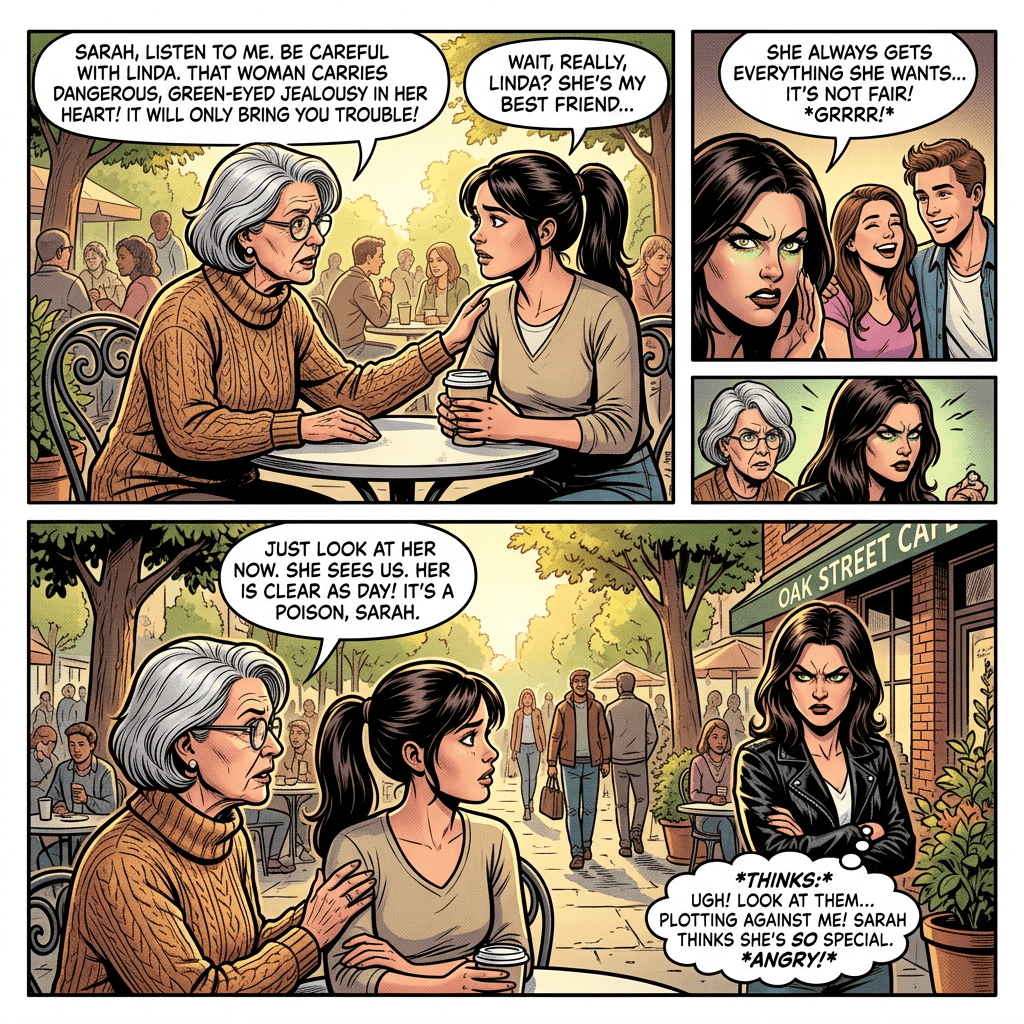 Comic panels with text: “SARAH, LISTEN TO ME. BE CAREFUL WITH LINDA. THAT WOMAN CARRIES DANGEROUS, GREEN-EYED JEALOUSY IN HER HEART! IT WILL ONLY BRING YOU TROUBLE!” “WAIT, REALLY, LINDA? SHE’S MY BEST FRIEND...” “SHE ALWAYS GETS EVERYTHING SHE WANTS... IT’S NOT FAIR! *GRRRP!*” “JUST LOOK AT HER NOW. SHE SEES US. HER IS CLEAR AS DAY! IT’S A POISON, SARAH.” “*THINKS:* UGH! LOOK AT THEM... PLOTTING AGAINST ME! SARAH THINKS SHE’S SO SPECIAL. *ANGRY!*” A sign reads “OAK STREET CAFE.”