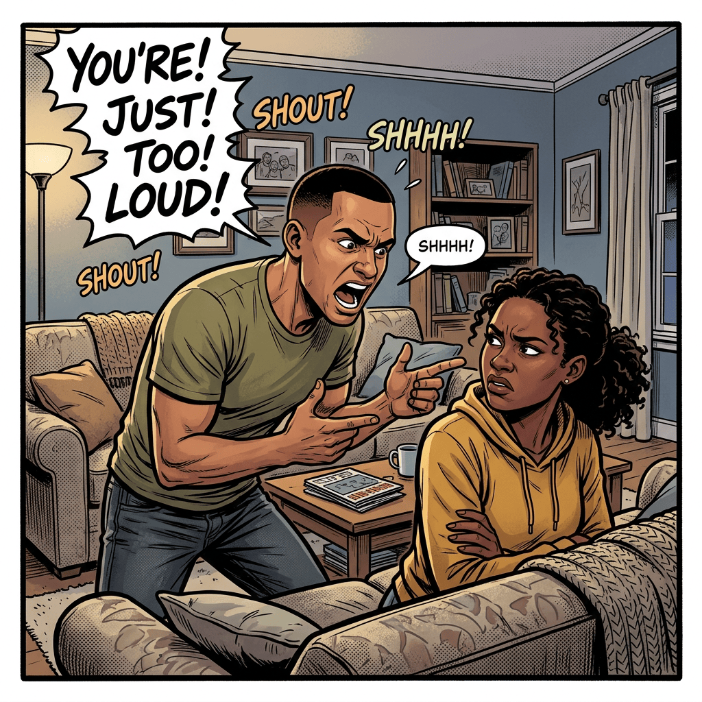 Comic panel of a couple arguing, with speech bubbles saying “YOU’RE JUST TOO LOUD!” and “SHHHH!”