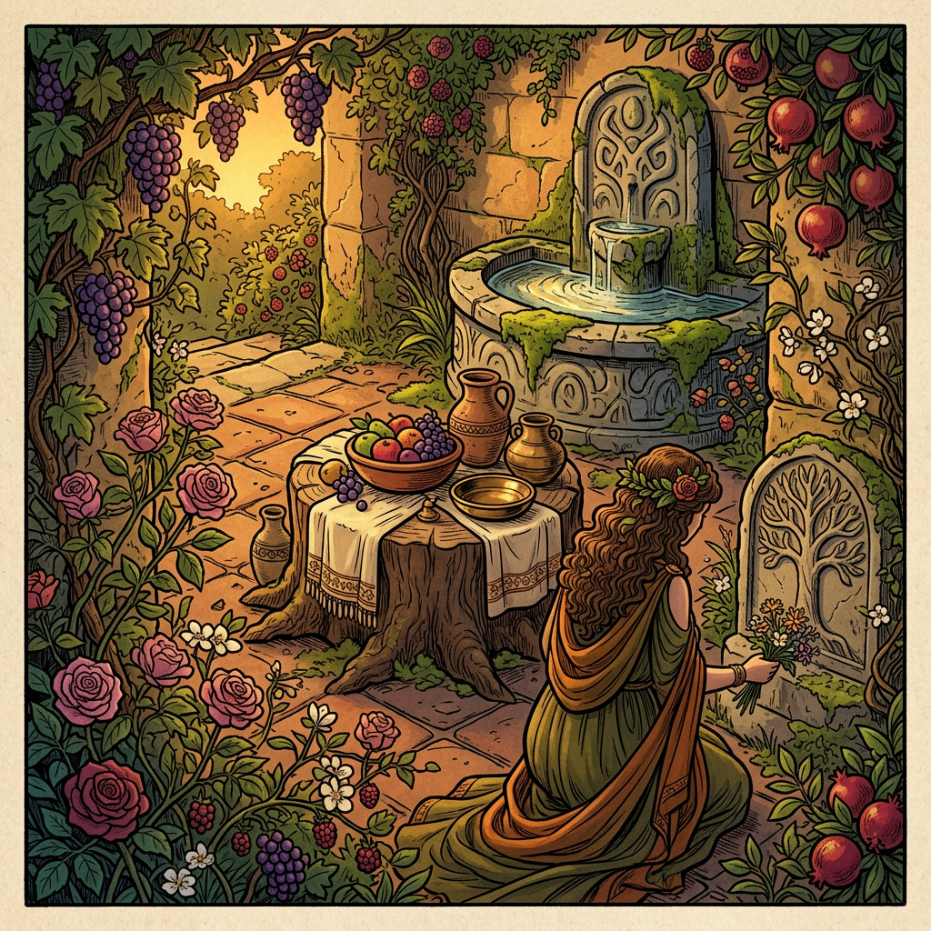 Robed woman gathering flowers beside a fruit-filled garden fountain