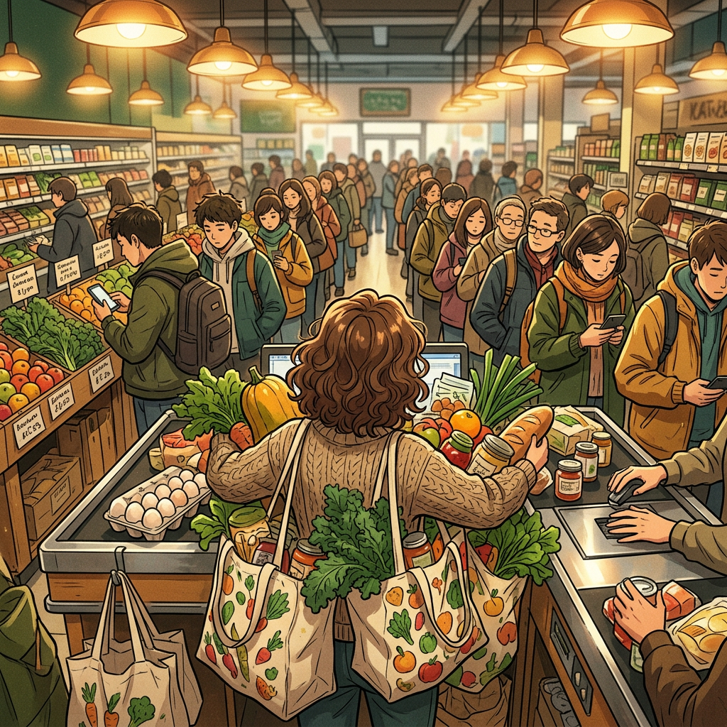 Crowded grocery market with shoppers choosing produce and checking out