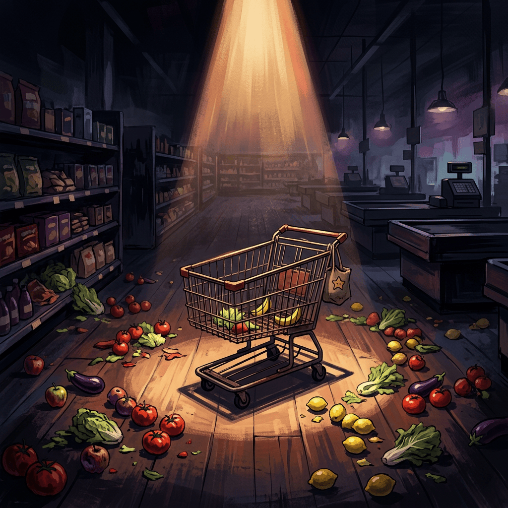 Shopping cart surrounded by scattered fruits and vegetables in a dark grocery store
