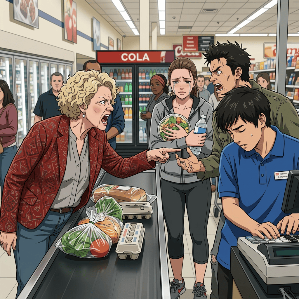Customer points angrily at cashier while shoppers wait at grocery checkout