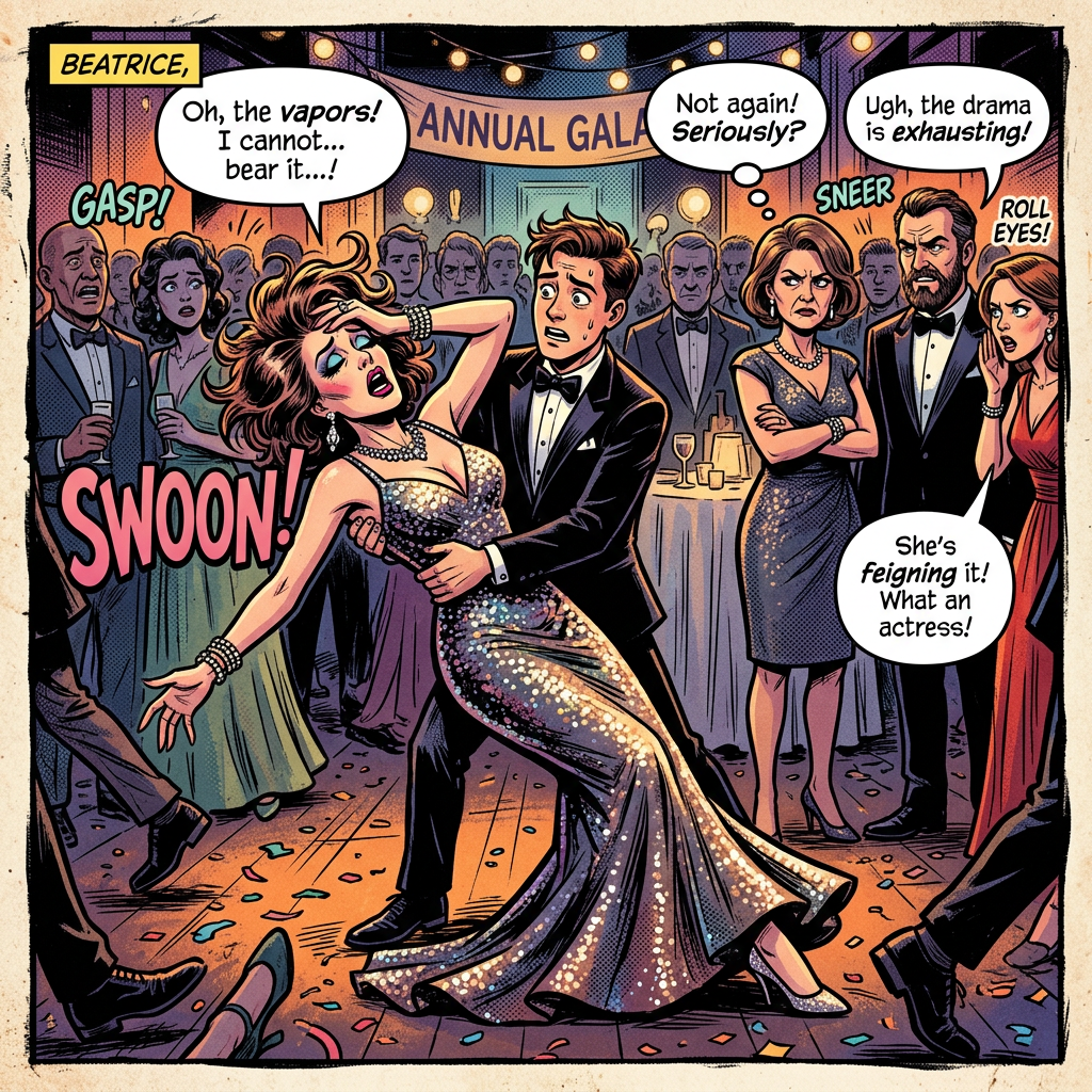 Comic panel: Beatrice swoons at an annual gala while guests say “GASP!”, “SWOON!”, “Not again!”, “Seriously?”, “Ugh, the drama is exhausting!”, “SNEER”, “ROLL EYES!”, and “She’s feigning it! What an actress!”