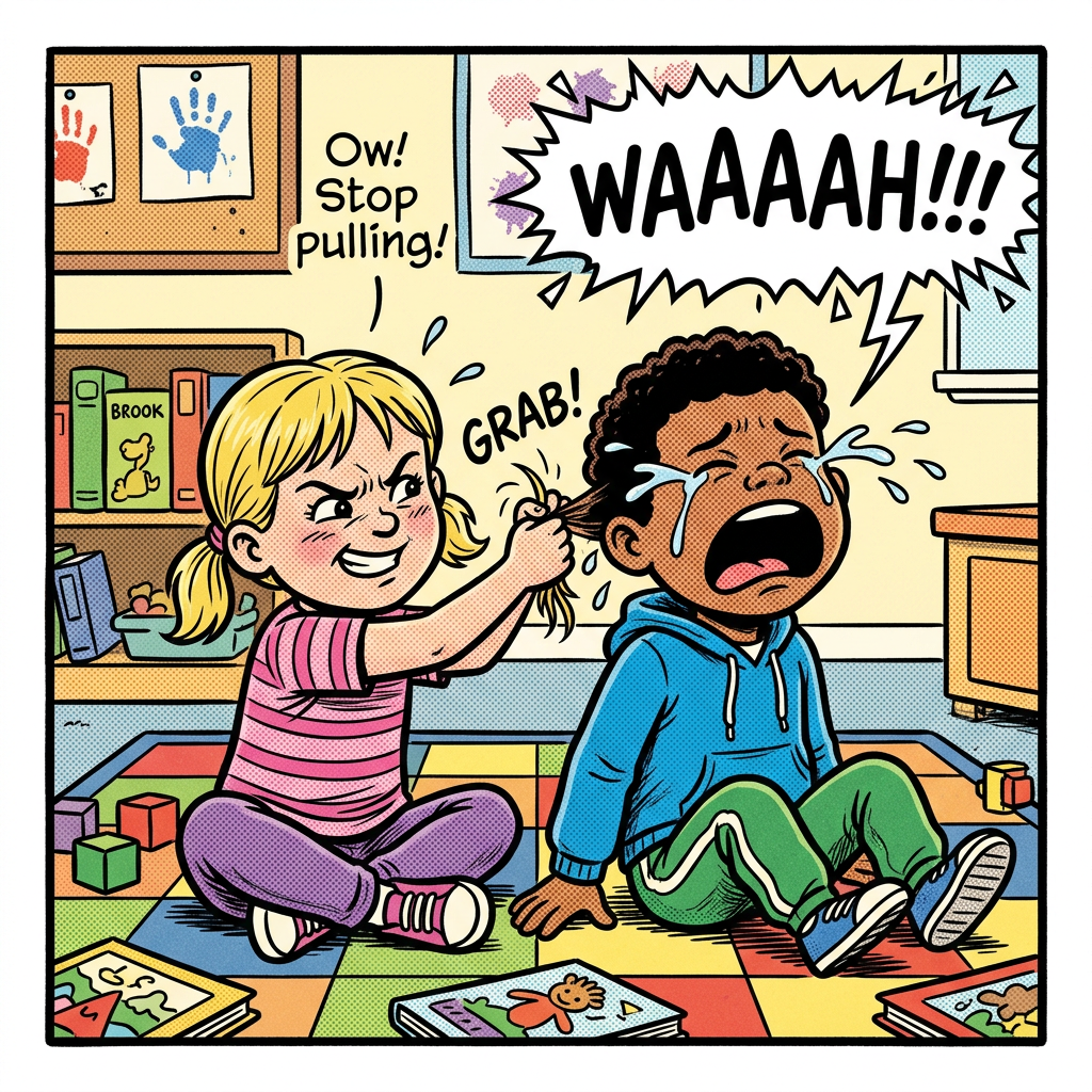 Child pulling another child’s hair while he cries, with text reading “Ow! Stop pulling!”, “GRAB!”, and “WAAAH!!!”