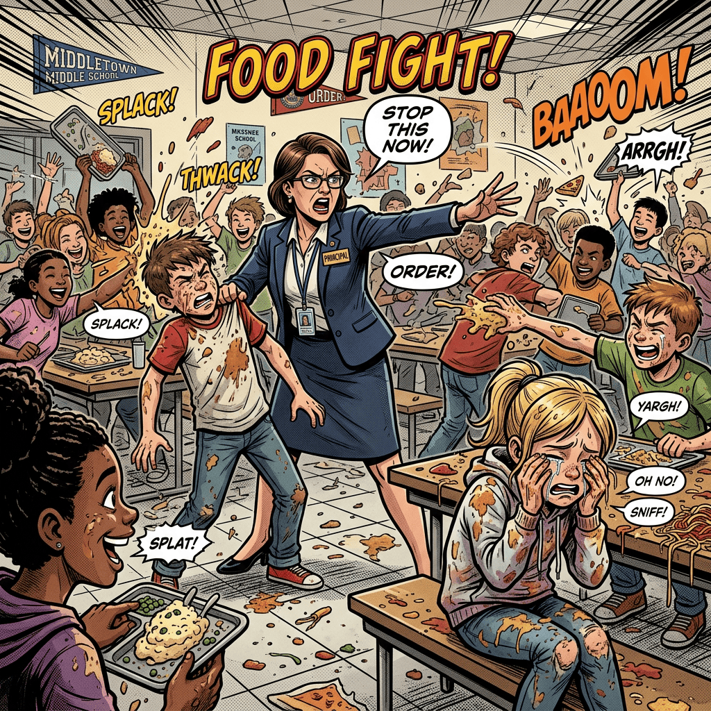 Comic-style school food fight with principal shouting STOP THIS NOW!