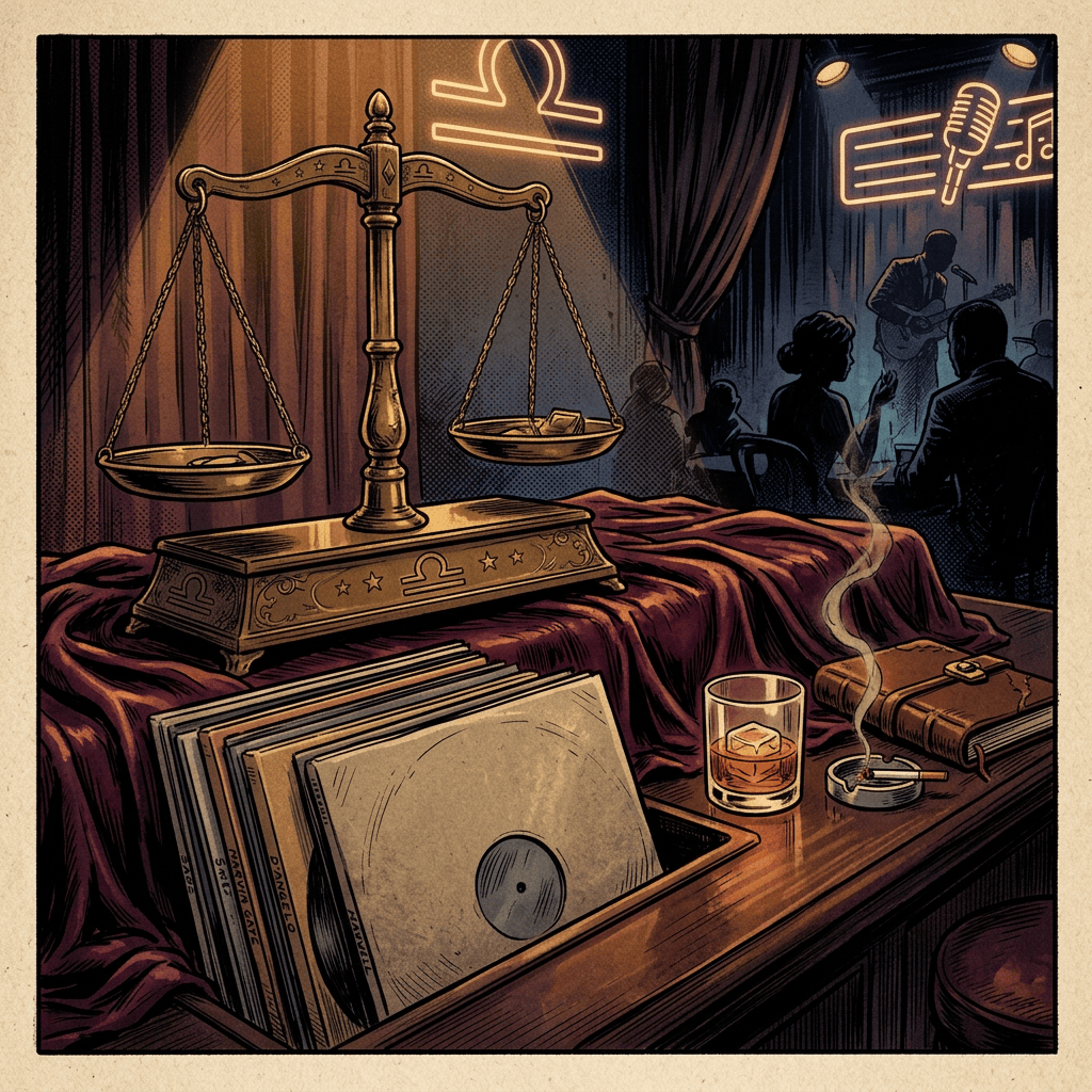 Libra scales beside vinyl records, whiskey, cigar, and a jazz performer