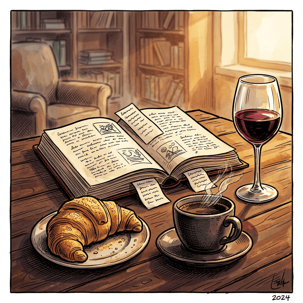 Open journal beside coffee, croissant, and red wine on a wooden table