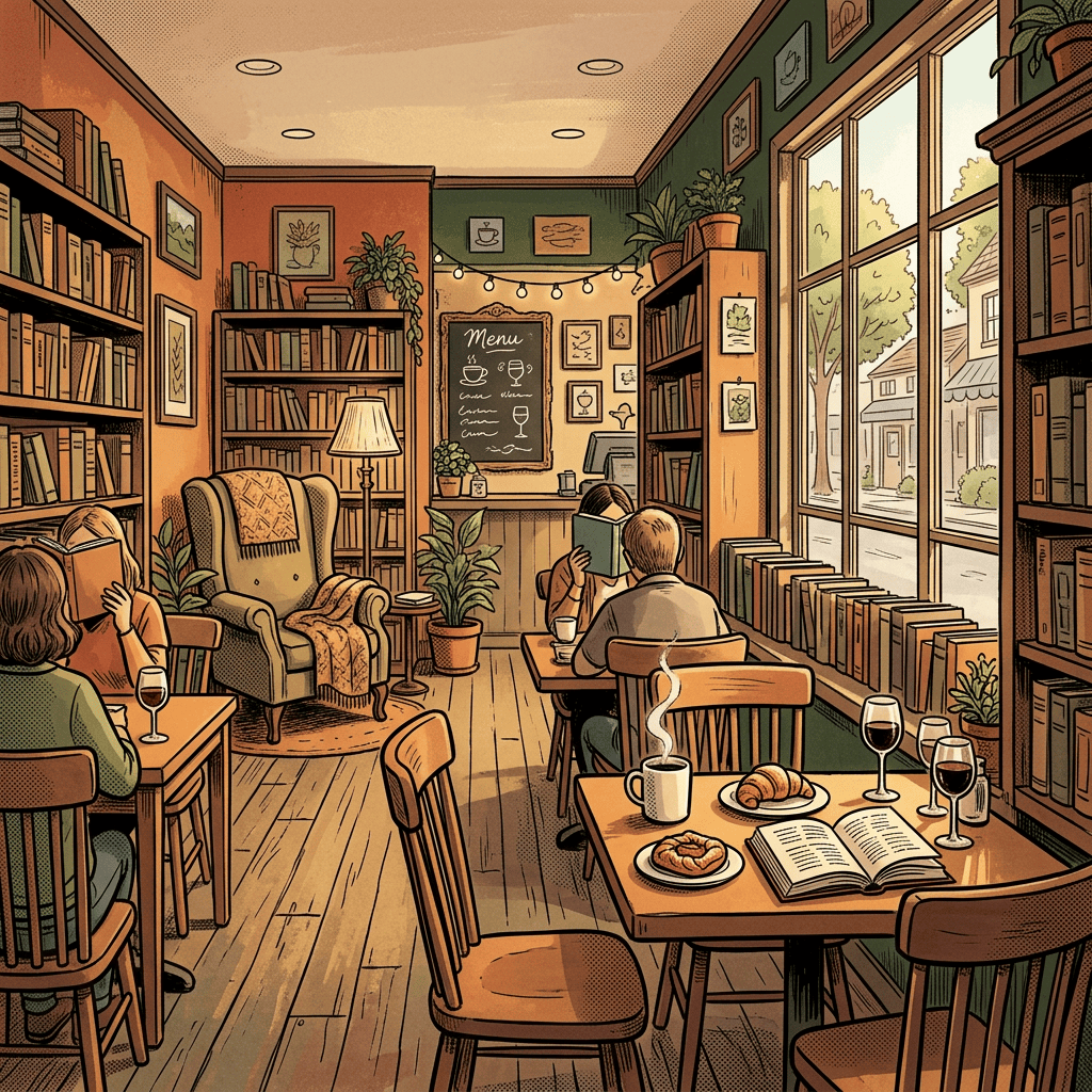 Illustrated bookstore café with people reading among books, plants, coffee, wine, and pastries