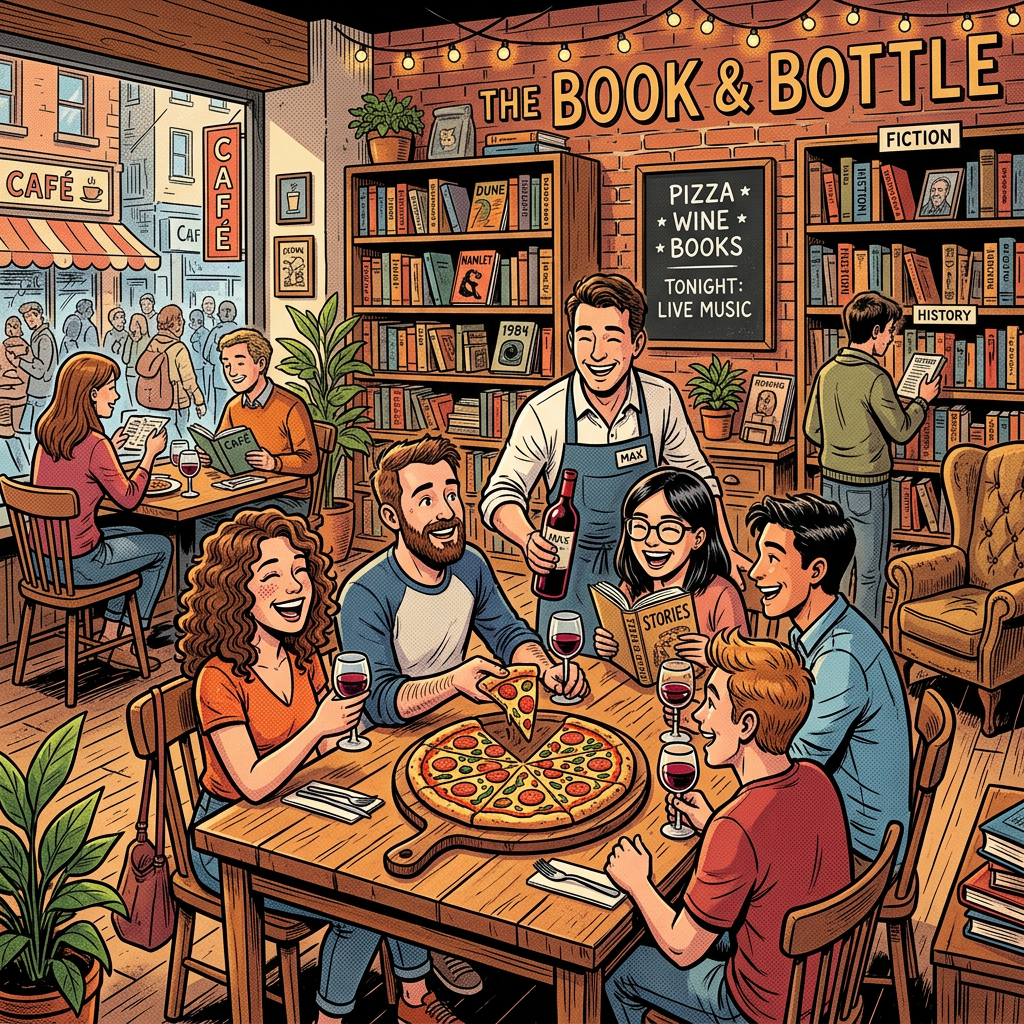 Friends dining at The Book & Bottle café with pizza, wine, and books