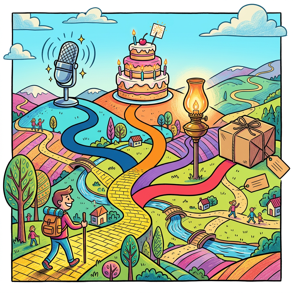 Whimsical landscape with a hiker, birthday cake, microphone, lantern, gift, and winding paths