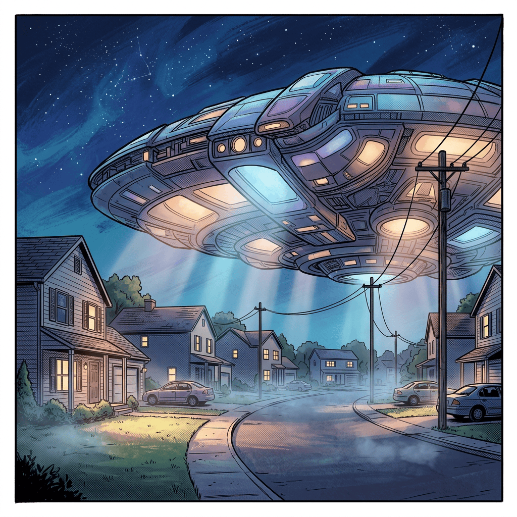 Large glowing spacecraft hovering above a suburban neighborhood at night