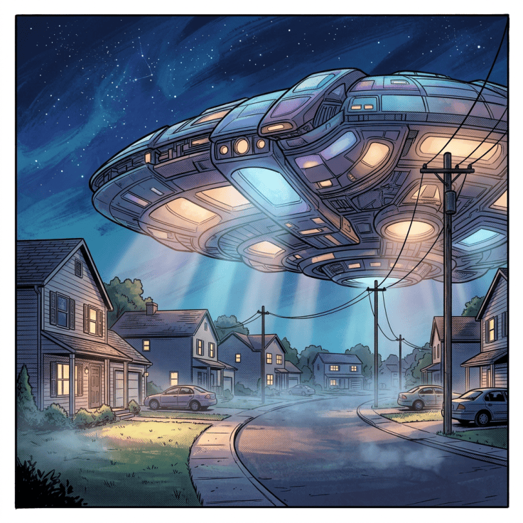 Large glowing spacecraft hovering above a suburban neighborhood at night