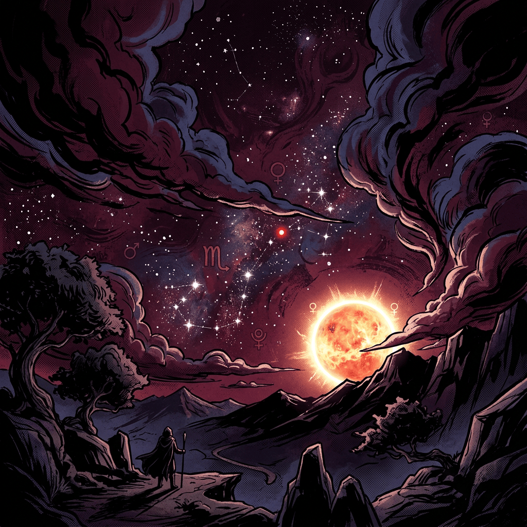 Lone traveler viewing mountains beneath a glowing moon and zodiac symbols