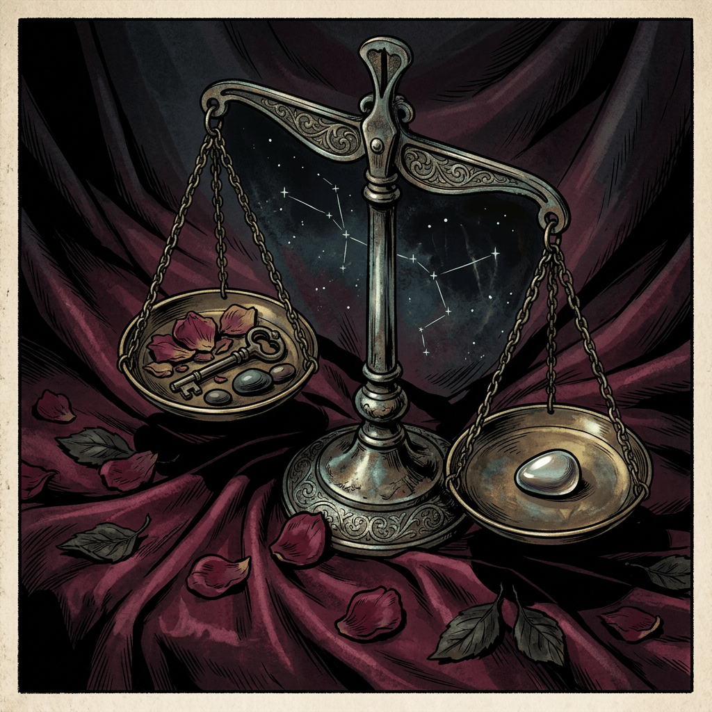 Ornate balance scale with a key and stones on one pan, pearl on the other