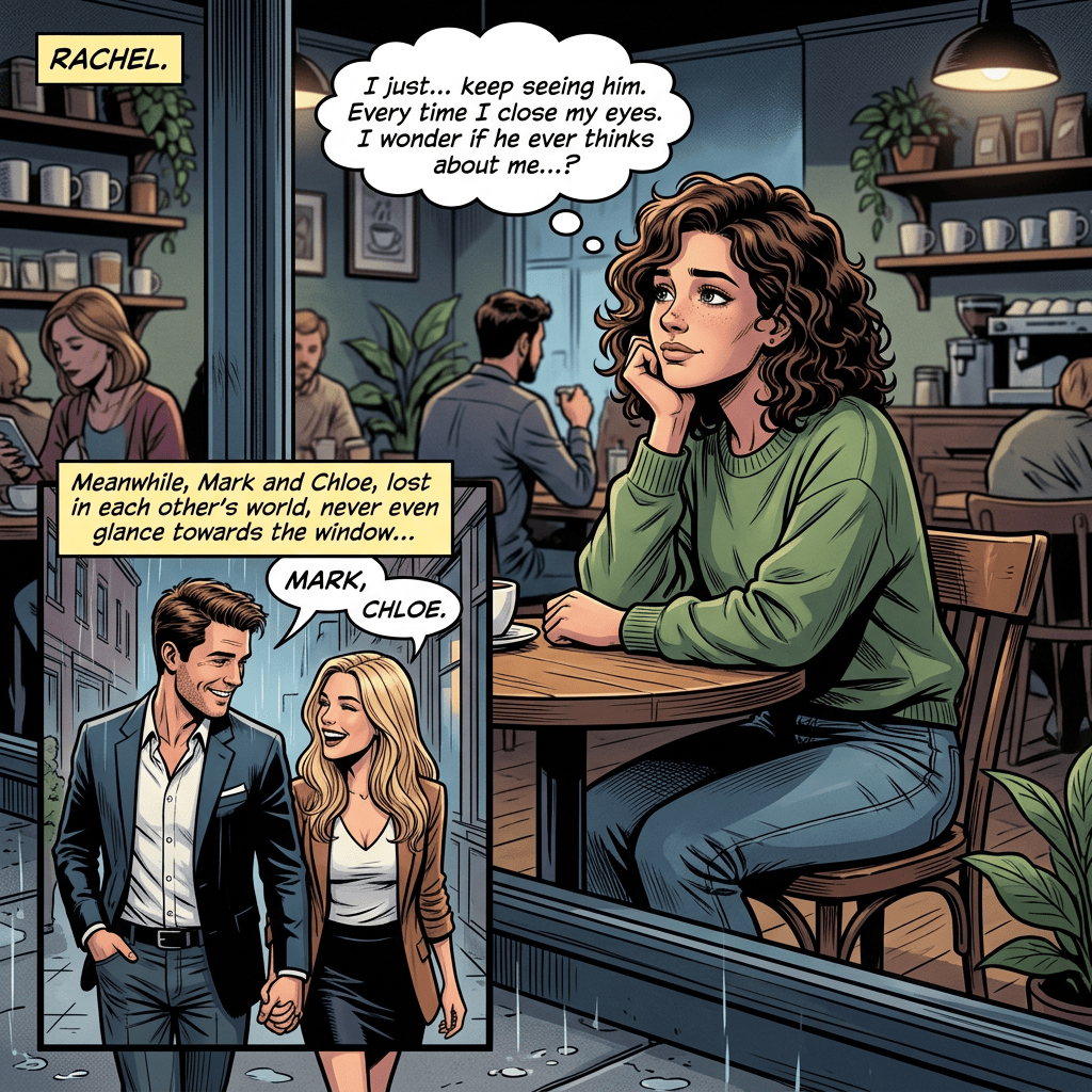 Comic panel text: “RACHEL.” Rachel sits dreaming, “I just... keep seeing him. Every time I close my eyes, I wonder if he ever thinks about me...?” Caption: “Meanwhile, Mark and Chloe, lost in each other’s world, never even glance towards the window...” Mark and Chloe hold hands below, labeled “MARK,” and “CHLOE.”