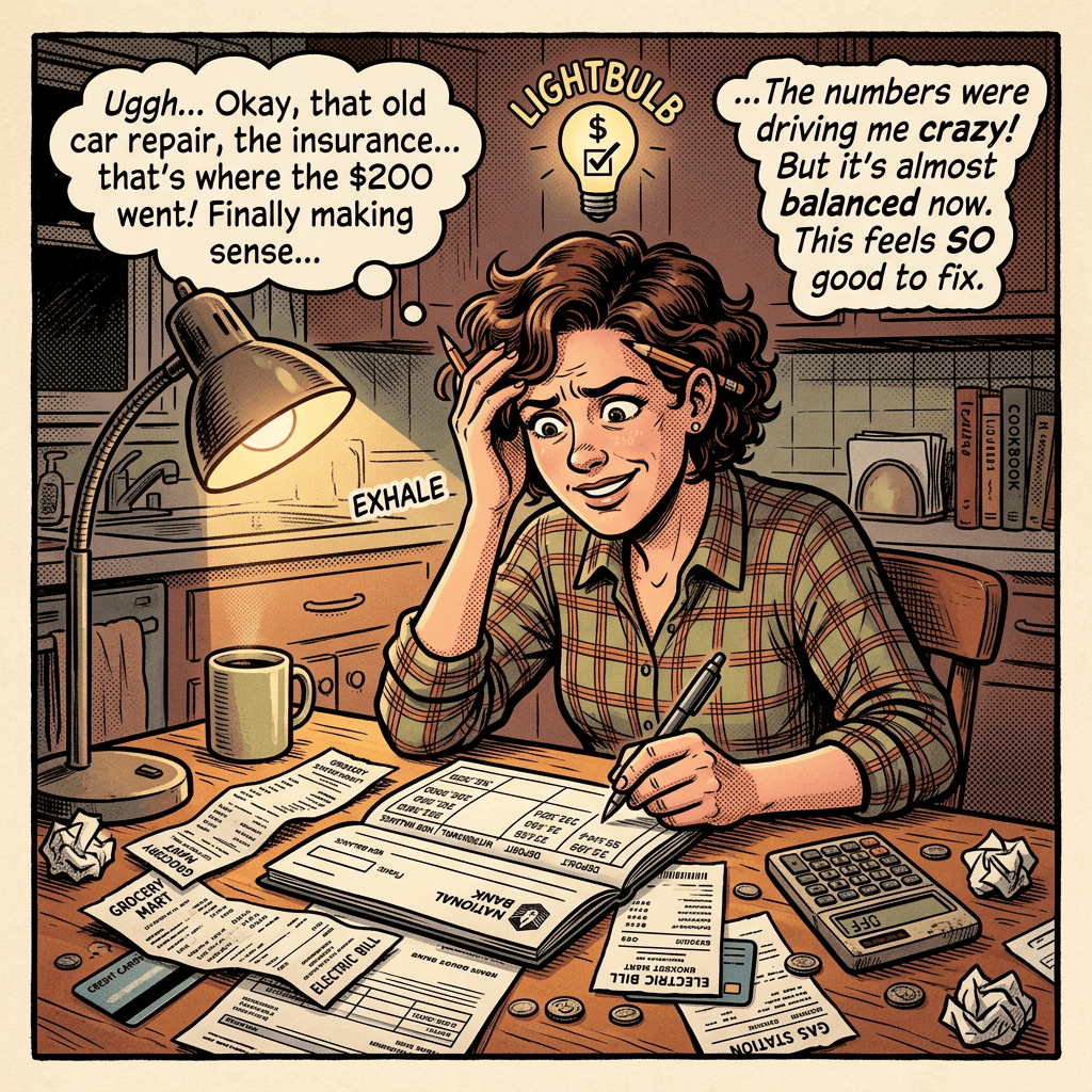 Woman budgeting bills; text reads: “Ugggh... Okay, that old car repair, the insurance... that’s where the $200 went! Finally making sense...” “LIGHTBULB” “...The numbers were driving me crazy! But it’s almost balanced now. This feels SO good to fix.” “EXHALE”